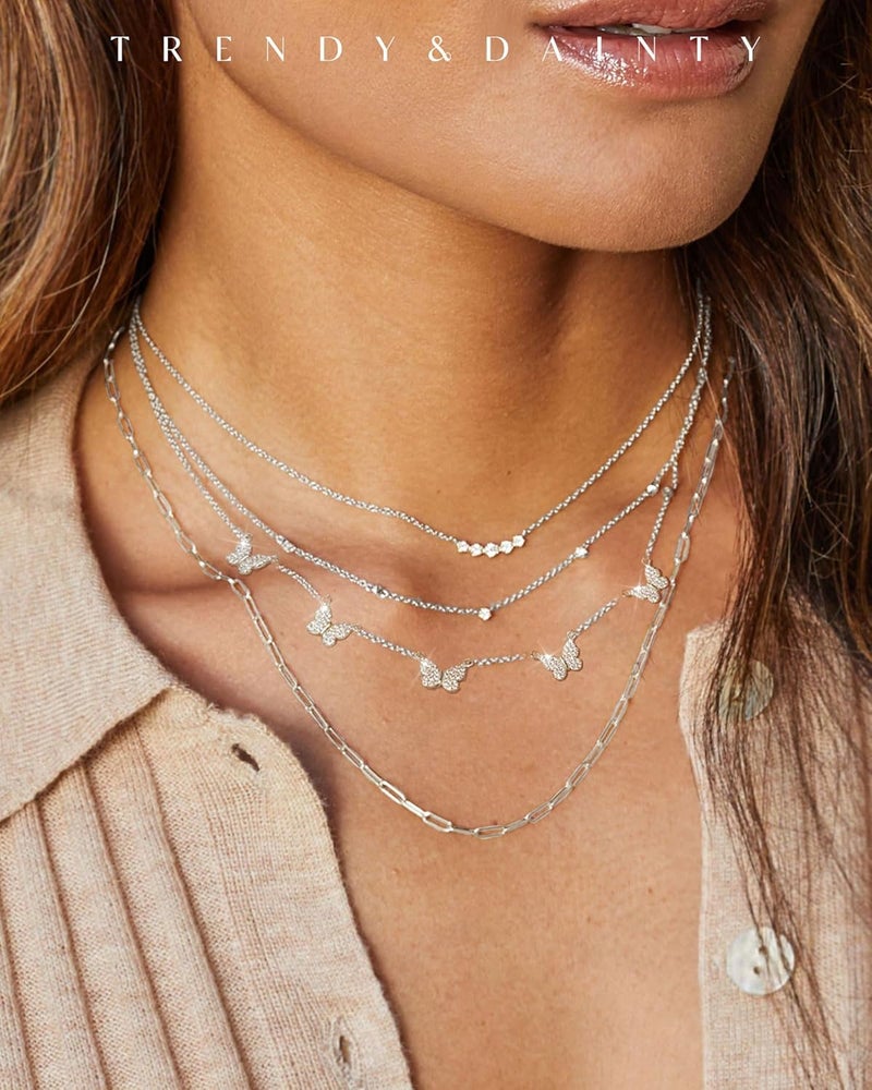 FUNEIA Dainty Silver Gold Necklaces for Women Trendy Non Tarnish 14K Gold Plated Cubic Zirconia Necklace Layered Cute Butterfly Heart Station Choker Necklace Stack for Wedding Prom Brides Jewelry - Image 3